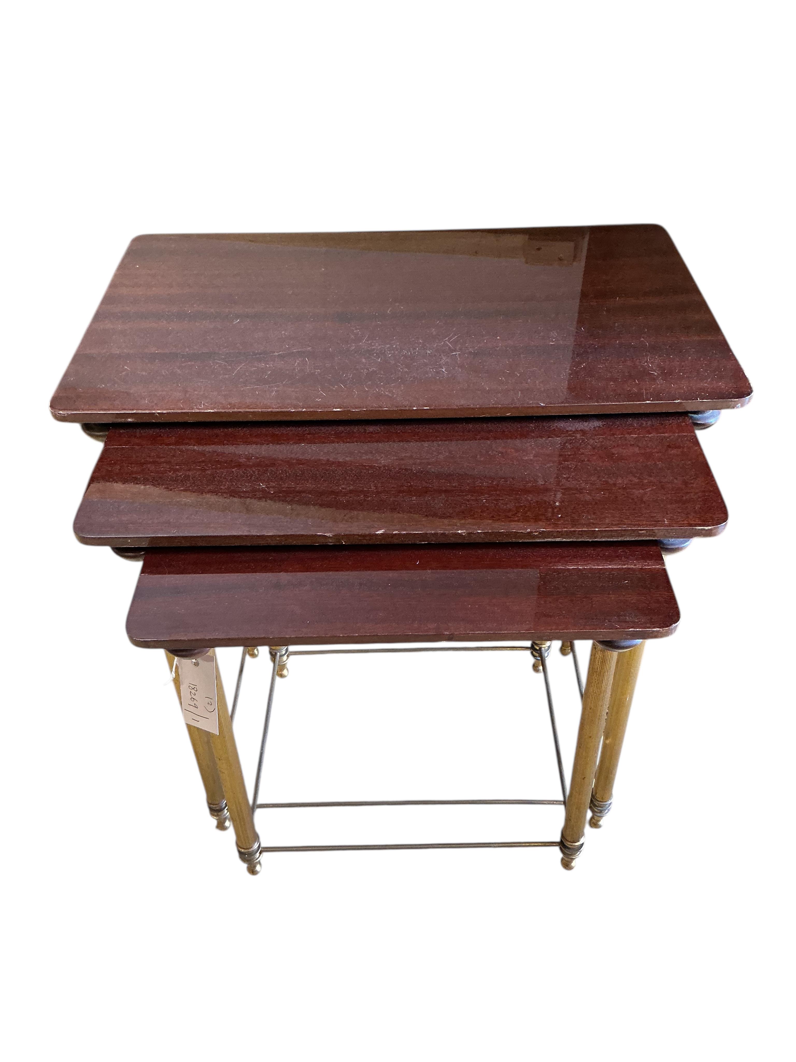 A nest of three mid century rectangular tables, width 60cm, depth 36cm, height 53cm, together with a small George III style mahogany hanging corner cupboard